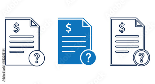 Three variations of a document icon featuring a dollar sign and a question mark, representing billing inquiry or financial help, isolated on transparent background
