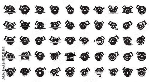 Collection of various circular saw blade and power tool icons in black silhouette style, isolated on transparent background