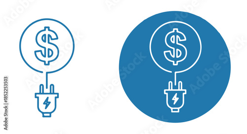 Two icons illustrating the concept of energy cost savings, featuring a dollar sign connected to an electrical plug, isolated on transparent background