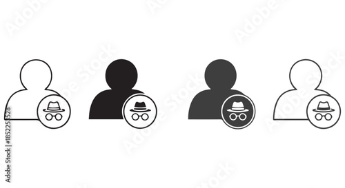 Set of four privacy icon variations showing a person silhouette with a small fedora and glasses symbol, isolated on transparent background