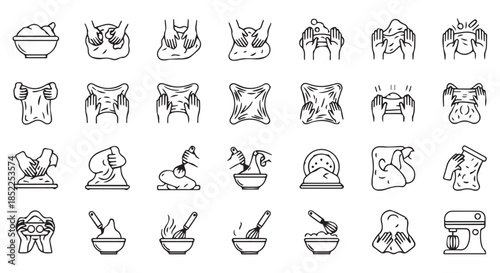 Collection of black and white line art icons depicting various stages of food preparation, mixing, and kneading techniques isolated on transparent background