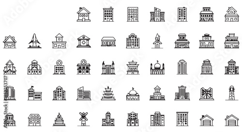 Collection of various black and white building and architecture icons representing different structure types isolated on transparent background