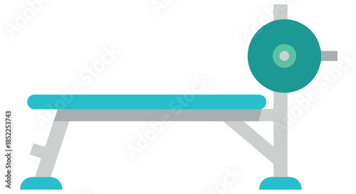 Flat weight bench with barbell rack and weight plate for strength training exercise isolated on transparent background