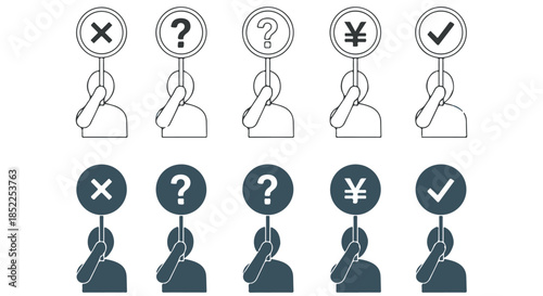 Set of five icons showing people holding paddles with symbols x, question mark, question mark outline, yen sign, and checkmark, isolated on transparent background