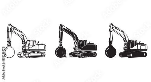 Three different styles of line art illustrations depicting a tracked excavator equipped with a wrecking ball attachment, isolated on transparent background