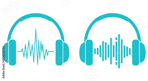 Two stylized turquoise headphone icons displaying different types of sound wave visualizations, isolated on transparent background