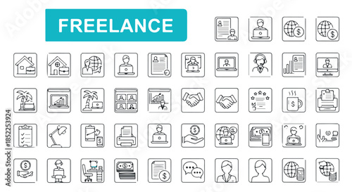 Collection of black and white line art icons representing various concepts related to freelance work, business, and remote office tasks isolated on transparent background