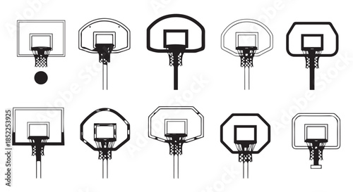 Collection of ten different styles of basketball hoop backboard and rim outlines, isolated on transparent background