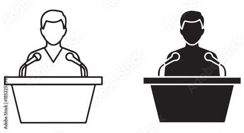 Two minimalist icons depicting a person speaking at a podium with microphones, one outline and one solid silhouette, isolated on transparent background