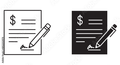 Outline icon set depicting a financial document with a dollar sign being signed by a pen, shown in both light and dark mode styles isolated on transparent background