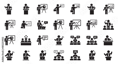 Collection of black and white icon set representing presentation, teaching, public speaking, and business meeting concepts isolated on transparent background