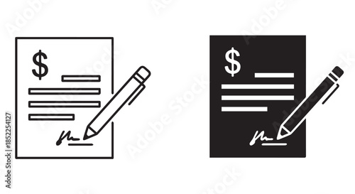 Two icons representing a financial document or contract being signed with a pen, shown in both outline and solid black styles, isolated on transparent background