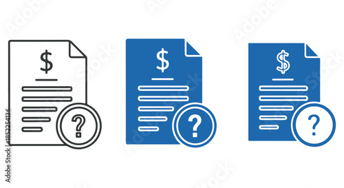 Set of three icons representing a financial document or bill with a question mark, showing line art, solid blue, and outline styles isolated on transparent background