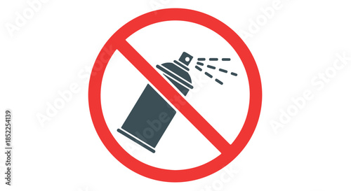 Prohibition sign indicating no spray paint allowed, featuring a dark gray aerosol can with spray lines crossed out by a thick red circle and diagonal line, isolated on transparent background
