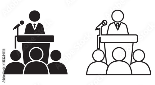 Black and white icon set depicting a speaker at a podium addressing an audience with microphones, isolated on transparent background