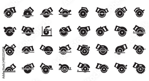 Collection of various circular saw icons and silhouettes representing different power tool designs and cutting applications isolated on transparent background