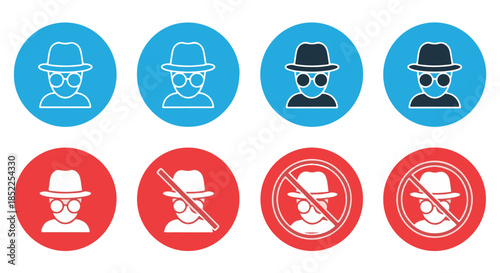 Set of eight icons depicting a person wearing a hat and glasses, showing variations in color, fill, and prohibition symbols for privacy or security concepts isolated on transparent background
