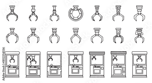 Collection of various claw machine grabber arms and full arcade crane game cabinet icons in a simple black and white sketch style isolated on transparent background