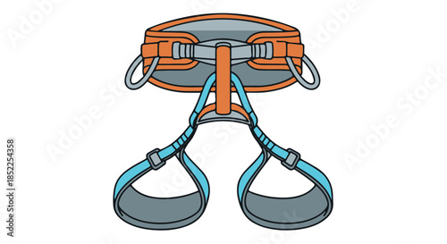 Illustration of an orange and blue climbing harness with gear loops, isolated on transparent background