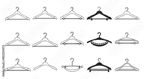 Collection of various clothing hangers in black and white outline styles, isolated on transparent background