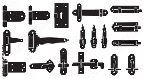 Collection of various black silhouette hardware components including hinges, latches, and bolts for gates and doors, isolated on transparent background