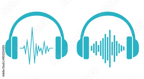 Two stylized turquoise icons representing sound waves or audio signals displayed within the outline of overear headphones, isolated on transparent background