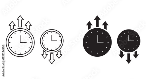 Set of clock icons showing time change, with arrows indicating forward and backward movement, presented in outline and solid styles isolated on transparent background