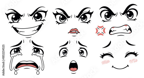 Collection of various black and white anime and manga style facial expressions isolated on transparent background
