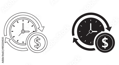 Two icons depicting the concept of time and money exchange, one line art and one solid silhouette, isolated on transparent background