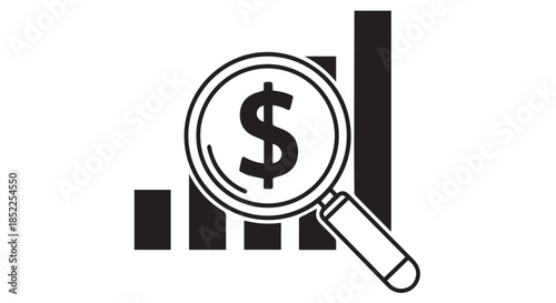 Black and white line art icon depicting a magnifying glass focusing on a dollar sign over a rising bar chart, isolated on transparent background