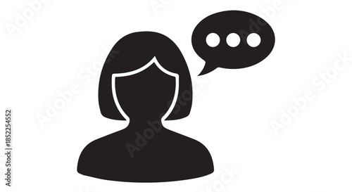 Silhouette icon of a woman with short hair speaking, represented by a speech bubble with an ellipsis, isolated on transparent background