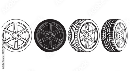 Four different styles of automotive wheel and tire assemblies shown in black and white line art, isolated on transparent background