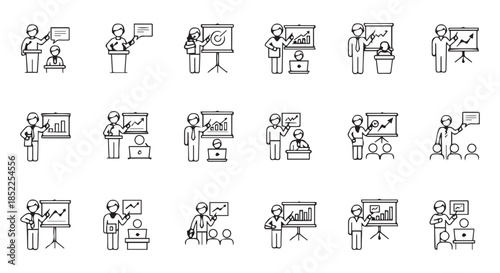 Collection of black and white line art icons depicting various business presentation, teaching, and public speaking scenarios isolated on transparent background