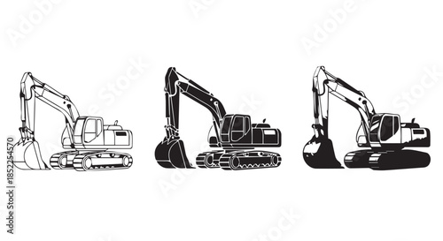 Collection of three different styles of excavator silhouettes and line art illustrations isolated on transparent background
