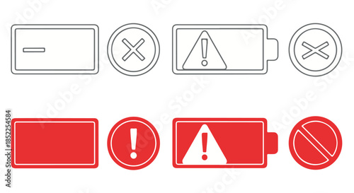 Set of line art and solid red battery status and warning icons showing low charge, error, and prohibition symbols isolated on transparent background