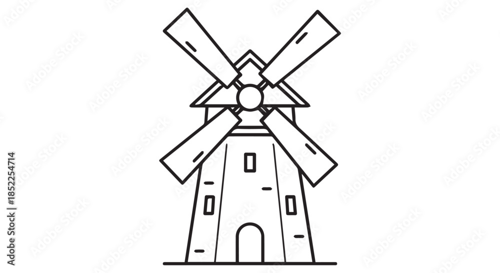 Obraz premium Simple black and white line art drawing of a traditional windmill with four sails, isolated on transparent background