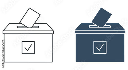 Outline and solid silhouette icons depicting a ballot paper being inserted into a voting box with a checkmark symbol, isolated on transparent background
