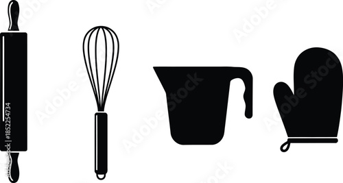 Baking Utensils Rolling Pin Whisk Measuring Cup Oven Mitt Icons baking, cooking