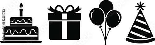 Birthday party icons cake gift balloons and hat birthday cake candle