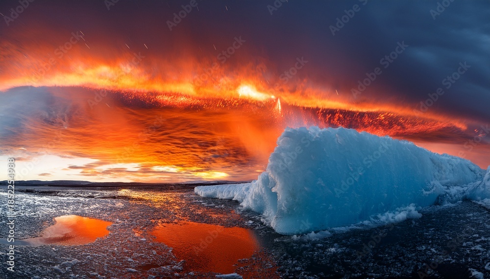 Fototapeta premium A Celestial Divide Of Elemental Opposites Where Fire Meets Ice In A Mesmerizing Display Of Nature S Contrasting Power And Stunning Beauty