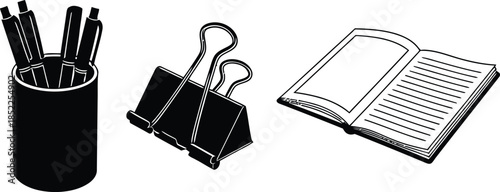 Black ink pens in holder binder clip and open book pen holder writing instruments