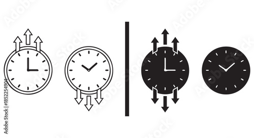 Illustration comparing time flow direction with arrows indicating forward and backward movement on analog clock faces, in both outline and solid styles, isolated on transparent background