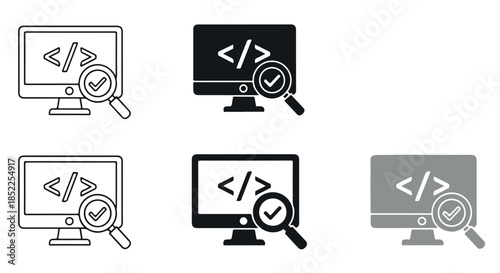 Set of five computer monitor icons displaying code tags with a magnifying glass checking for validation or debugging, isolated on transparent background
