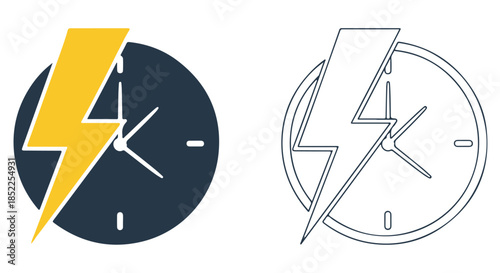 A dual graphic showing a dark blue clock face overlaid with a bright yellow lightning bolt and a line art version of the same icon isolated on transparent background