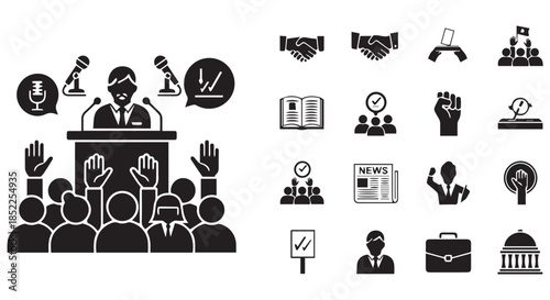 Collection of black and white silhouette icons representing political event, public speaking, agreement, voting, and government concept isolated on transparent background