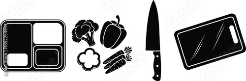 Black silhouette of bento box broccoli bell pepper carrots knife and cutting board Keywords