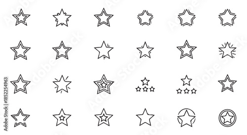 Collection of various handdrawn, sketchy fivepointed star icons and symbols isolated on transparent background