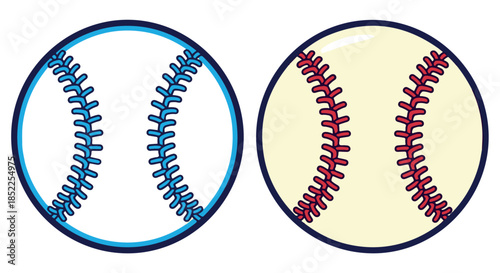 Illustration of two baseballs side by side, one with blue stitching and one with traditional red stitching, isolated on transparent background