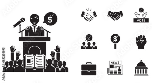 Collection of black and white political and business icons including a speaker at a podium, handshake, voting, money, and government building isolated on transparent background