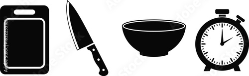 Cutting Board Knife Bowl and Stopwatch Icons kitchen cooking